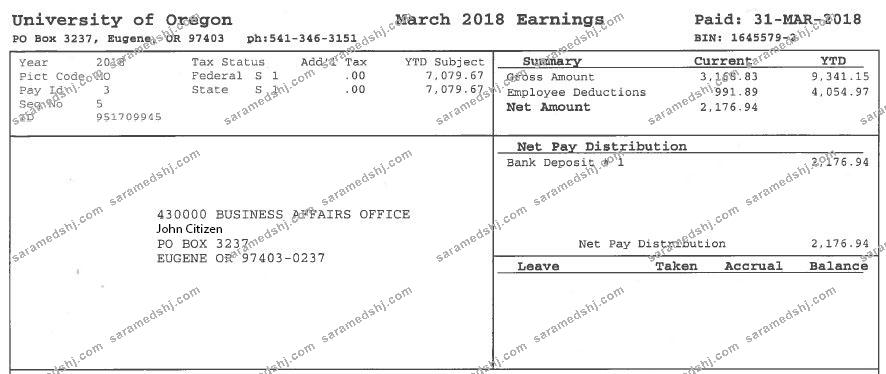 USA UNIVERSITY of Oregon payslip template in Word and PDF formats